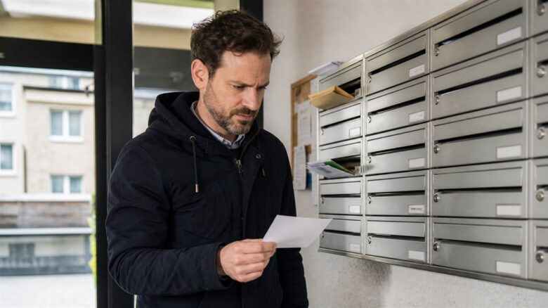 Empfänger prüft einen neutralen Abholschein an einer Briefkastenanlage