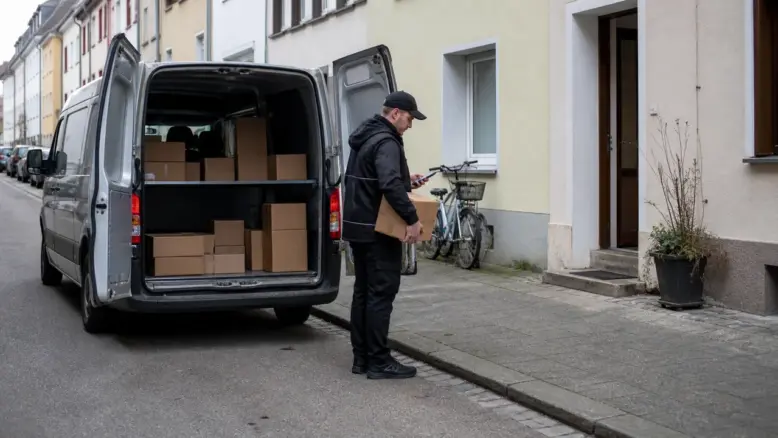 Paketbote prüft eine Sendung vor der Zustellung in einer deutschen Wohnstraße