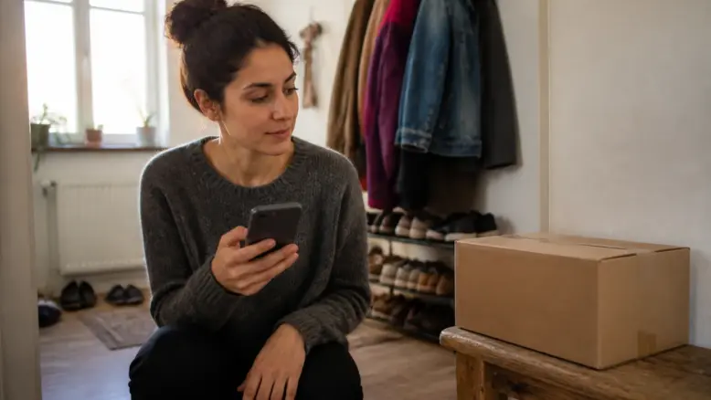 Empfängerin prüft Lieferstatus neben einem Paket