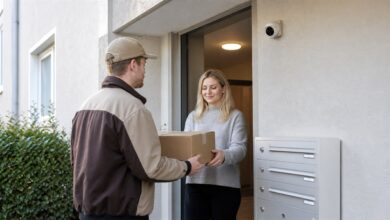 Paketübergabe an einem Hauseingang mit dezent sichtbarer Sicherheitskamera