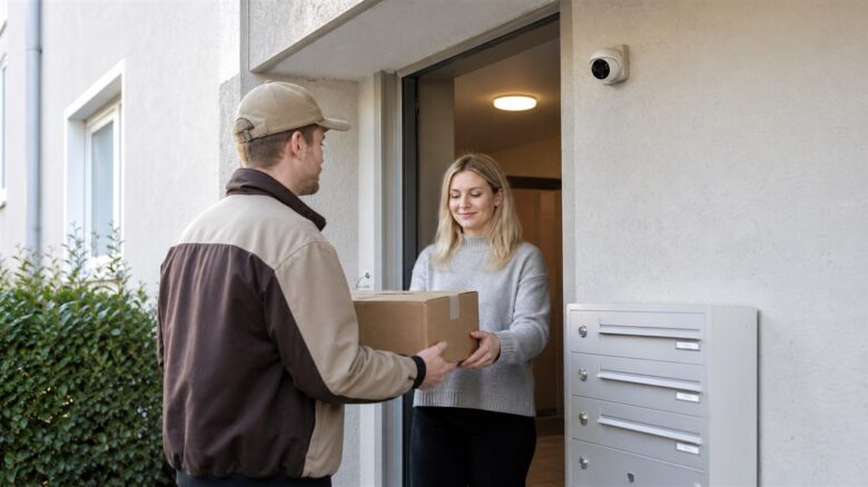 Paketübergabe an einem Hauseingang mit dezent sichtbarer Sicherheitskamera