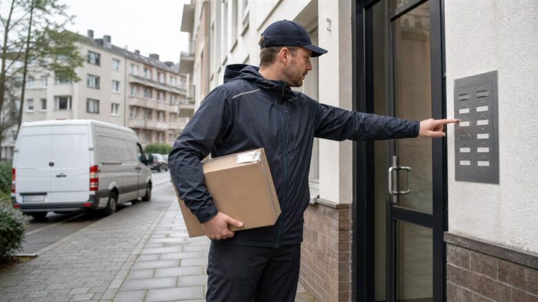Paketzusteller drückt die Klingel an einem deutschen Mehrfamilienhaus