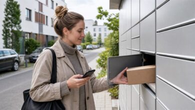 Kundin holt mit dem Smartphone ein Paket an einer Paketstation ab
