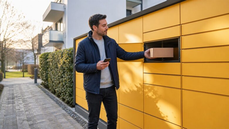 Kunde holt ein Paket aus einer modernen Paketstation ab