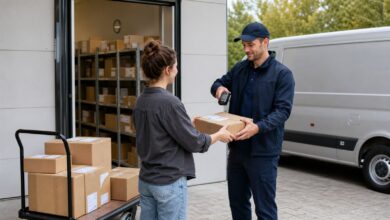 DHL Sendung abgeholt: Zusteller übernimmt ein Paket beim Absender