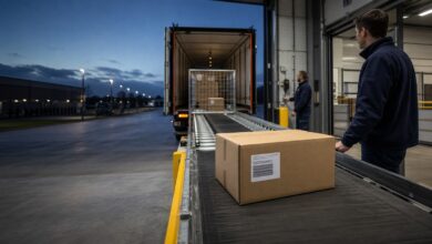 DHL Weitertransport: Paket auf einem Förderband im Paketzentrum