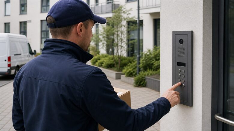 Paketzusteller bedient ein digitales Zugangspanel am Mehrfamilienhaus