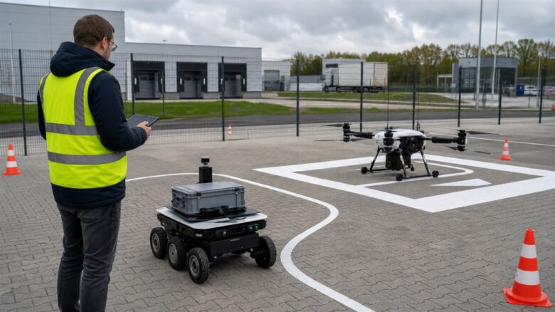 Ingenieur überwacht Lieferroboter und Frachtdrohne auf einem abgesperrten Testgelände