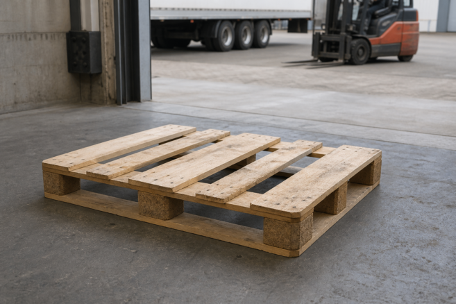 Standardisierte Holzpalette vor einem LKW-Ladedock