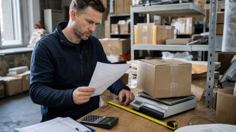 Versandmitarbeiter prüft Paketmaße, Gewicht und eine Expressrechnung an einem Packtisch