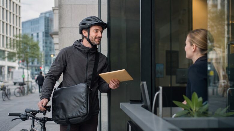 Professioneller Fahrradkurier übergibt eine Dokumentensendung an einem Bürogebäude