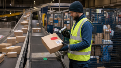 Mitarbeiter prüft ein fehlgeleitetes Paket im Sortierzentrum