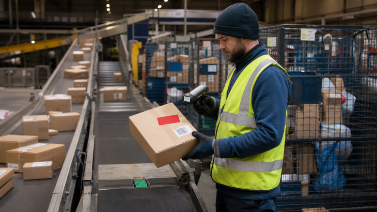 Mitarbeiter prüft ein fehlgeleitetes Paket im Sortierzentrum