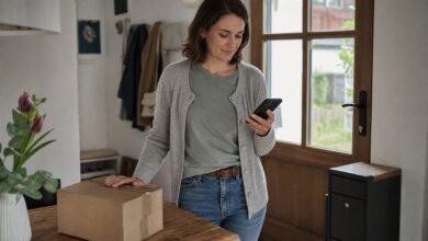 Empfängerin prüft flexible Zustelloptionen am Smartphone neben einem Paket