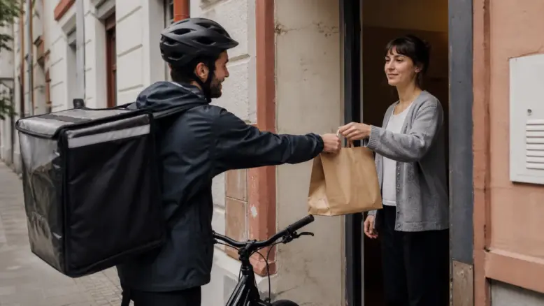 Fahrradkurier übergibt eine Essensbestellung an einer deutschen Haustür