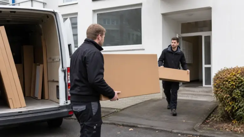 Möbelzusteller tragen flache Kartons aus einem Lieferwagen zu einem deutschen Wohnhaus