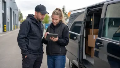 Dispatcher und Kurier prüfen Auftragsdaten neben einem Lieferwagen