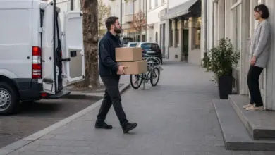 Kurier trägt Pakete aus einem Lieferwagen zu einer Empfängerin