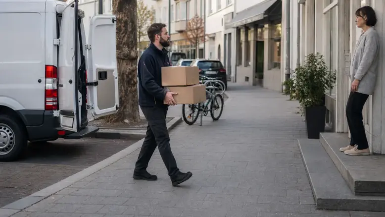 Kurier trägt Pakete aus einem Lieferwagen zu einer Empfängerin