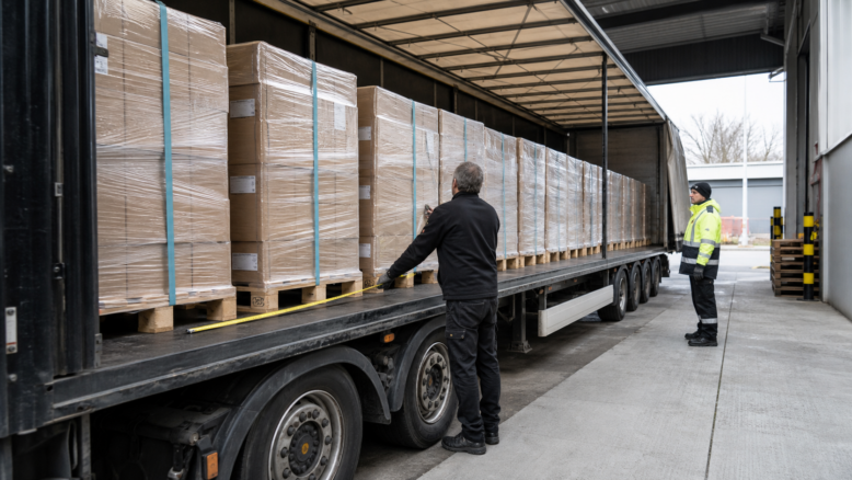 Logistikmitarbeiter misst die belegte Ladelänge in einem Sattelauflieger