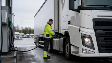 Moderner Sattelzug beim Tanken an einer Lkw-Tankstelle