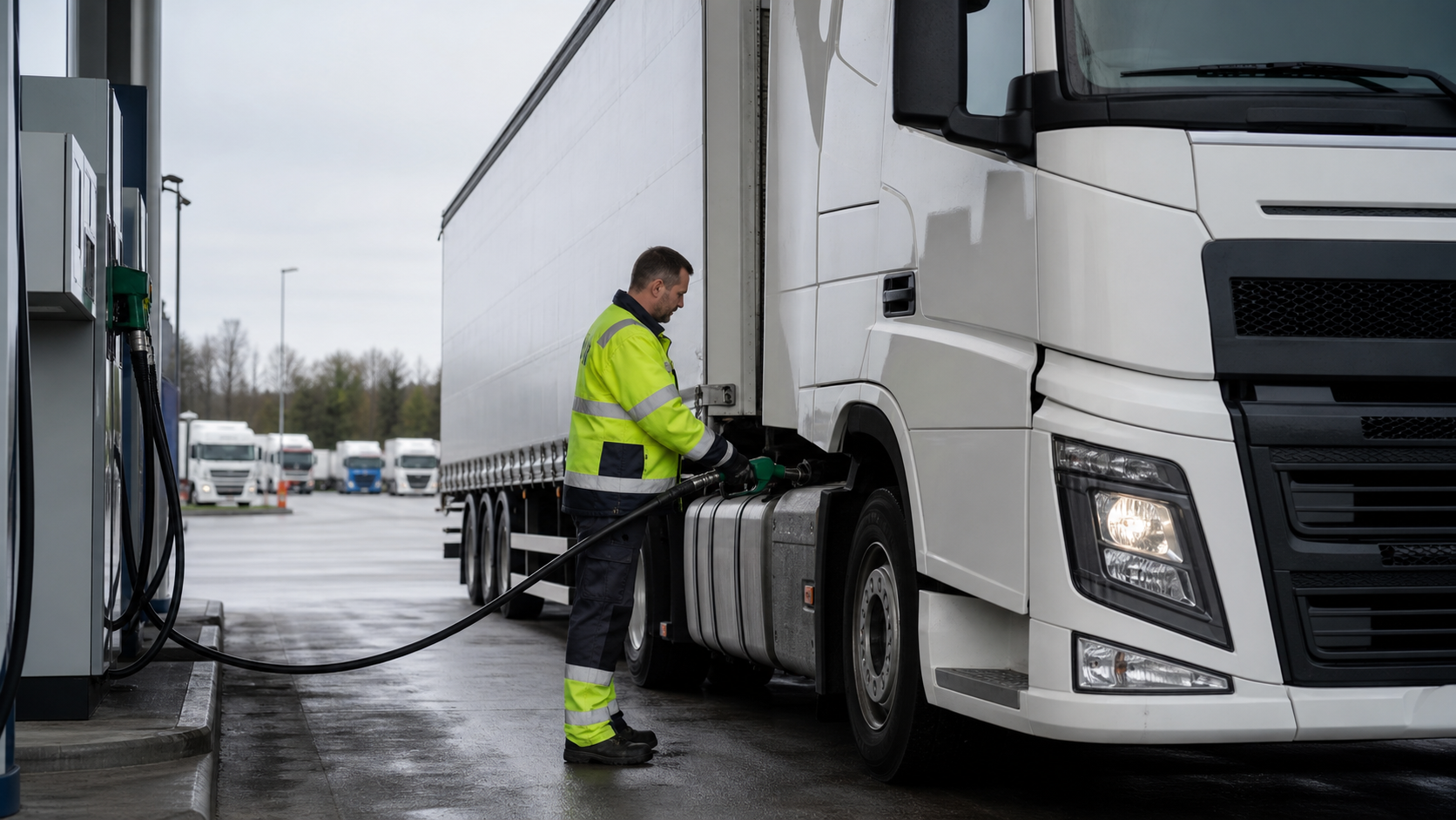 Moderner Sattelzug beim Tanken an einer Lkw-Tankstelle