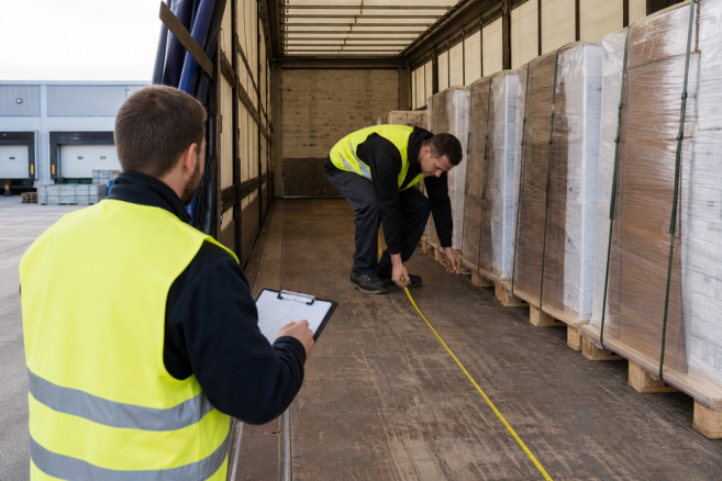 Logistikmitarbeiter messen die belegte Ladelänge in einem Sattelauflieger