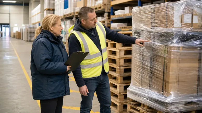 Qualitätsaudit an einer gesicherten Palette in einem Logistiklager