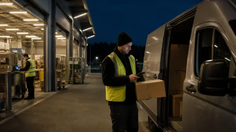 Mitarbeiter scannt nachts ein Paket an einem Express-Logistikzentrum