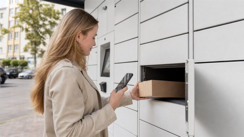 Kundin holt mit dem Smartphone ein Paket aus einer neutralen Paketstation ab