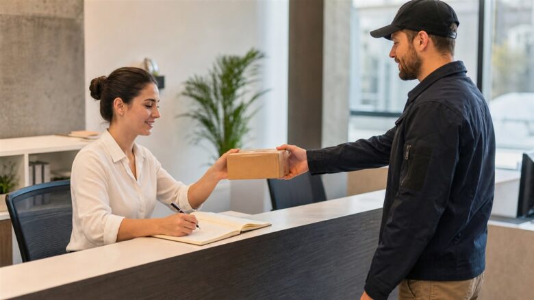 Mitarbeiterin am Empfang nimmt ein privates Paket für den Arbeitsplatz an