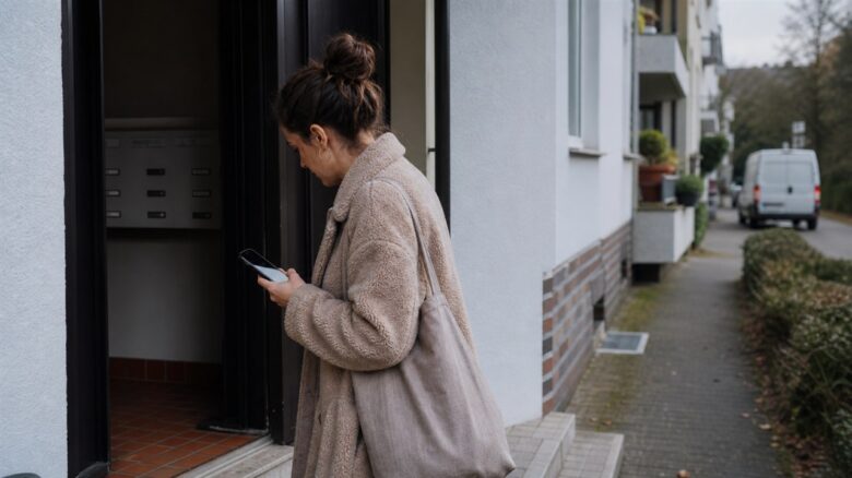Empfängerin prüft Tracking am Hauseingang, während das Paket fehlt