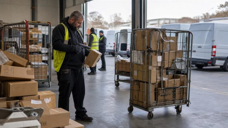 Paketdepot mit Sendungen und Zustellfahrzeugen bei einer Lieferverzögerung
