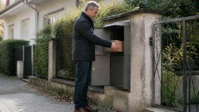 Bewohner entnimmt ein Paket aus einer fest montierten Paketbox am Grundstück