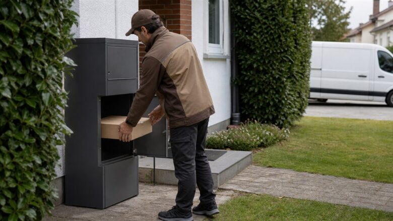Paketzusteller legt eine Sendung in eine sichere Paketbox am Wohnhaus