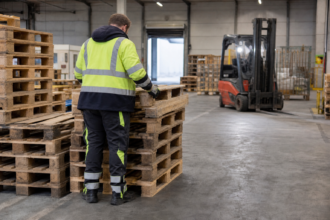 Mitarbeiter sortiert gebrauchte Poolpaletten in einem Logistikzentrum
