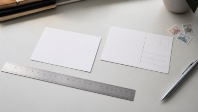 Zwei Standardpostkarten neben einem Stahllineal auf einem Schreibtisch