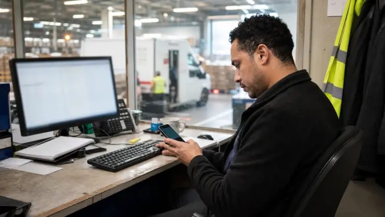 Disponent prüft eine Versandbenachrichtigung im Paketdepot
