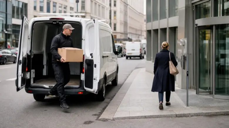 Same-Day-Kurier entlädt ein Paket aus einem Lieferwagen im Geschäftsviertel