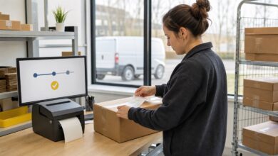 Sendung elektronisch angekündigt: Mitarbeiterin bringt ein Versandlabel am Paket an
