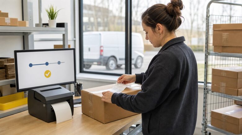 Sendung elektronisch angekündigt: Mitarbeiterin bringt ein Versandlabel am Paket an