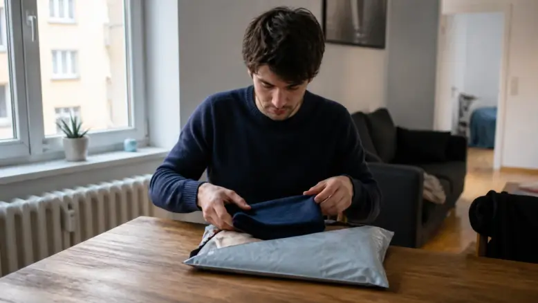 Empfänger öffnet zu Hause eine neutrale Kleidungssendung