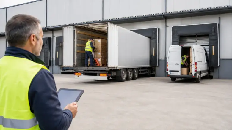 Lkw und Kuriertransporter werden an benachbarten Laderampen koordiniert
