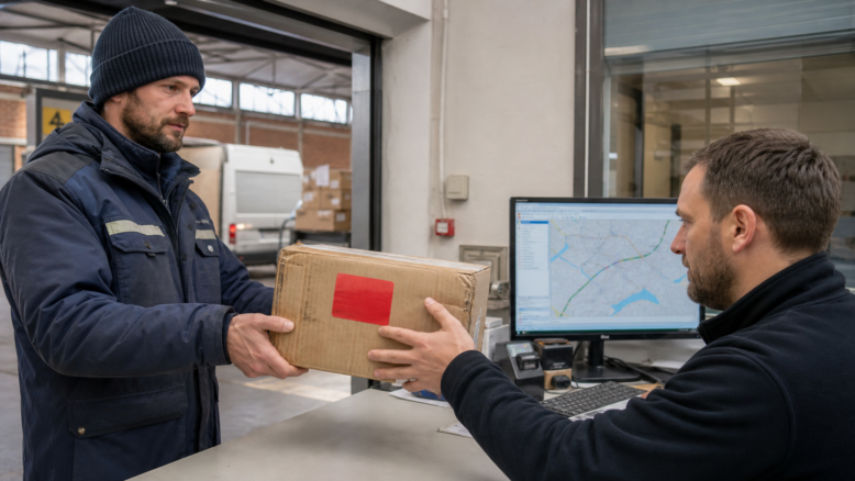 Zusteller übergibt ein unzustellbares Paket zur Klärung im Depot