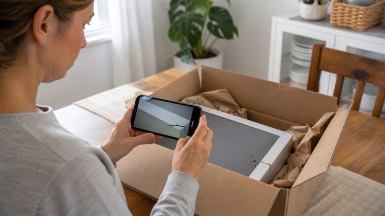 Empfänger dokumentiert eine beschädigte Paketsendung mit dem Smartphone
