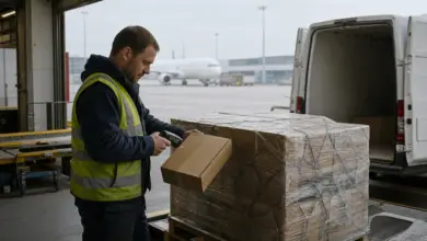 Mitarbeiter scannt grenzüberschreitende Paketsendung am Luftfrachtterminal