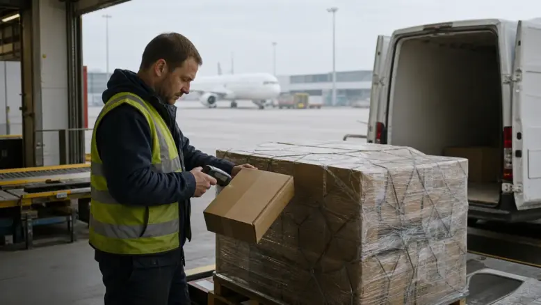 Mitarbeiter scannt grenzüberschreitende Paketsendung am Luftfrachtterminal