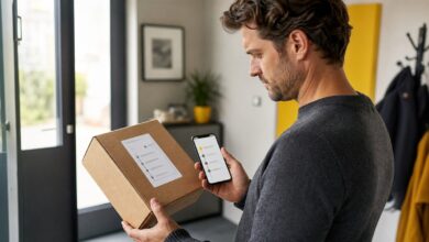 Empfänger vergleicht den Paketaufkleber mit der Sendungsverfolgung auf dem Smartphone