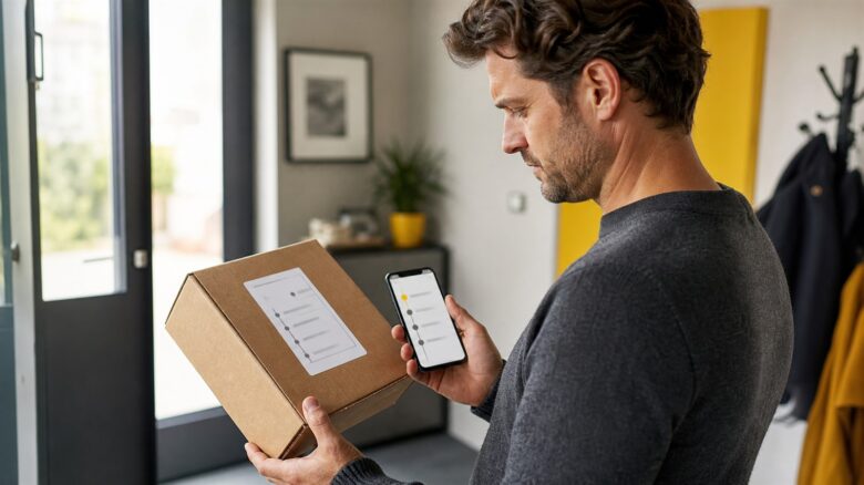 Empfänger vergleicht den Paketaufkleber mit der Sendungsverfolgung auf dem Smartphone