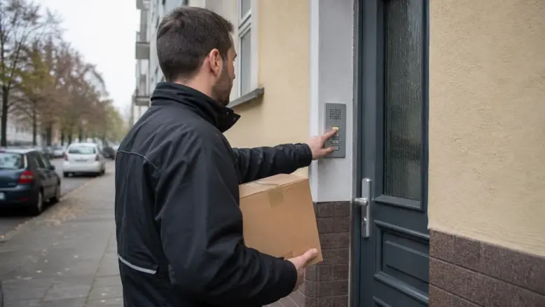 Paketzusteller klingelt mit einer Sendung an einer verschlossenen Haustür